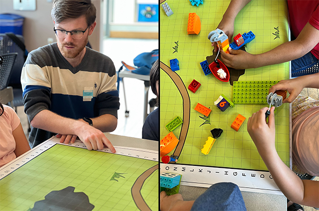 Postdoc Rob Hayes使用彩色垫子和乐高Duplo材料与Winter Hill学生一起促进数学和工程活动。