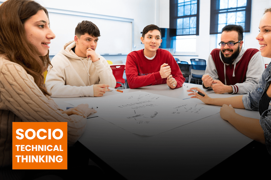 Students gathered around a table for a discussion