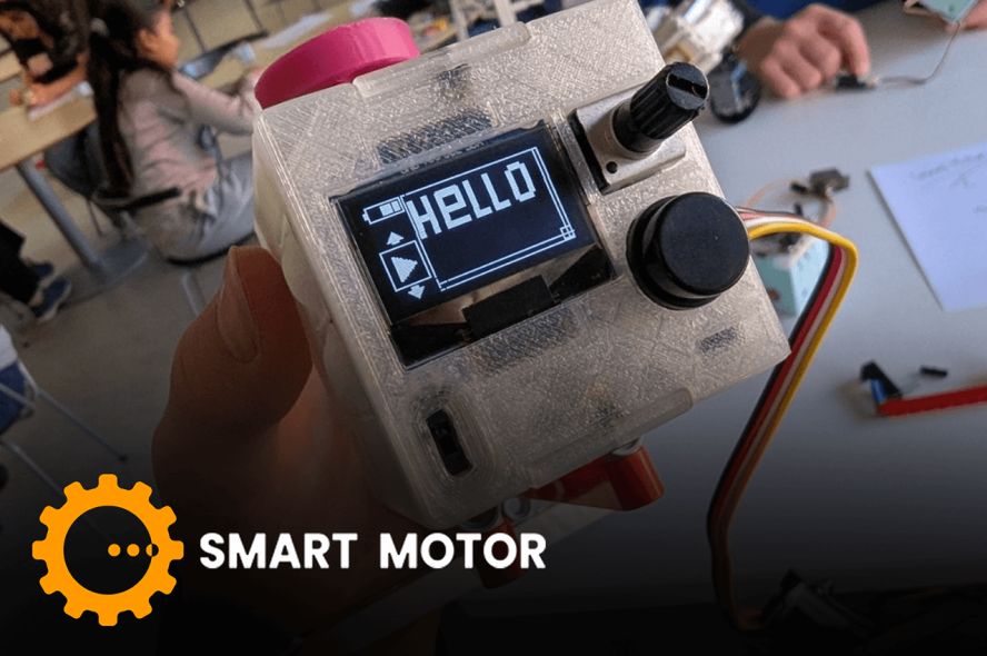 smart motor with a small screen that says hello