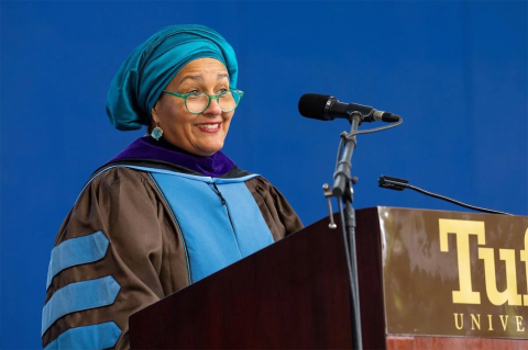 Amina J. Mohammed on stage during 2023 Commencement